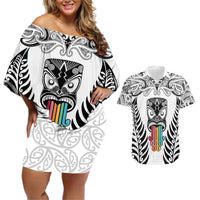 personalised-kia-kaha-te-reo-maori-couples-matching-off-shoulder-short-dress-and-hawaiian-shirt-hei-tiki-mix-koru-white
