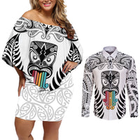 Personalised Kia Kaha Te Reo Maori Couples Matching Off Shoulder Short Dress and Long Sleeve Button Shirts Hei Tiki Mix Koru - White LT7 White - Polynesian Pride