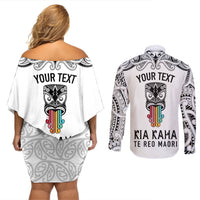 Personalised Kia Kaha Te Reo Maori Couples Matching Off Shoulder Short Dress and Long Sleeve Button Shirts Hei Tiki Mix Koru - White LT7 - Polynesian Pride