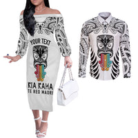 Personalised Kia Kaha Te Reo Maori Couples Matching Off The Shoulder Long Sleeve Dress and Long Sleeve Button Shirts Hei Tiki Mix Koru - White LT7 White - Polynesian Pride