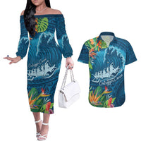 Outrigger Canoe Blue Couples Matching Off The Shoulder Long Sleeve Dress and Hawaiian Shirt On The Waves