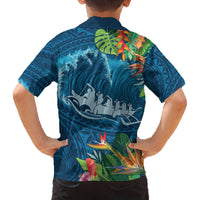 Outrigger Canoe Blue Family Matching Off Shoulder Short Dress and Hawaiian Shirt On The Waves
