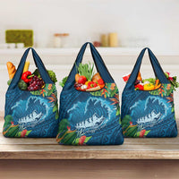 Outrigger Canoe Blue Grocery Bag On The Waves