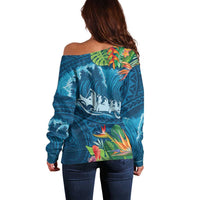Outrigger Canoe Blue Off Shoulder Sweater On The Waves LT7 - Polynesian Pride
