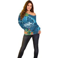 Outrigger Canoe Blue Off Shoulder Sweater On The Waves LT7 - Polynesian Pride