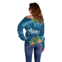 Outrigger Canoe Blue Off Shoulder Sweater On The Waves LT7 - Polynesian Pride