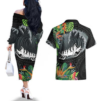 Outrigger Canoe Black Couples Matching Off The Shoulder Long Sleeve Dress and Hawaiian Shirt On The Waves