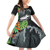 Outrigger Canoe Black Family Matching Off Shoulder Short Dress and Hawaiian Shirt On The Waves