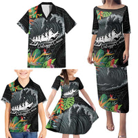 Outrigger Canoe Black Family Matching Puletasi and Hawaiian Shirt On The Waves LT7 - Polynesian Pride