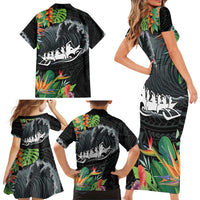 Outrigger Canoe Black Family Matching Short Sleeve Bodycon Dress and Hawaiian Shirt On The Waves LT7 - Polynesian Pride