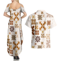 Vintage Hawaii Couples Matching Summer Maxi Dress and Hawaiian Shirt Hawaiian Quilt Kapa Mismatch Beige LT7 - Polynesian Pride
