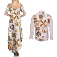 Vintage Hawaii Couples Matching Summer Maxi Dress and Long Sleeve Button Shirts Hawaiian Quilt Kapa Mismatch Beige LT7 - Polynesian Pride