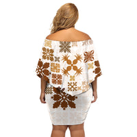 Vintage Hawaii Family Matching Off Shoulder Short Dress and Hawaiian Shirt Hawaiian Quilt Kapa Mismatch Beige LT7 - Polynesian Pride