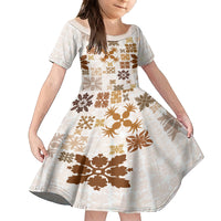 Vintage Hawaii Family Matching Tank Maxi Dress and Hawaiian Shirt Hawaiian Quilt Kapa Mismatch Beige LT7 Daughter's Dress Beige - Polynesian Pride