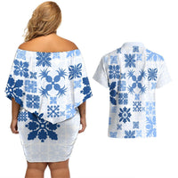 Vintage Hawaii Couples Matching Off Shoulder Short Dress and Hawaiian Shirt Hawaiian Quilt Kapa Mismatch Blue LT7 - Polynesian Pride