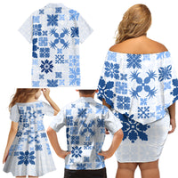 Vintage Hawaii Family Matching Off Shoulder Short Dress and Hawaiian Shirt Hawaiian Quilt Kapa Mismatch Blue LT7 - Polynesian Pride