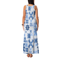 Vintage Hawaii Family Matching Tank Maxi Dress and Hawaiian Shirt Hawaiian Quilt Kapa Mismatch Blue LT7 - Polynesian Pride
