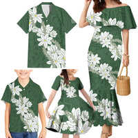 Ia Orana Tahiti Tiare Family Matching Mermaid Dress and Hawaiian Shirt Sage Green Lei - Polynesian Pride