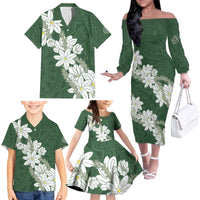 Ia Orana Tahiti Tiare Family Matching Off The Shoulder Long Sleeve Dress and Hawaiian Shirt Sage Green Lei - Polynesian Pride