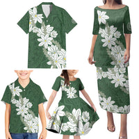 Ia Orana Tahiti Tiare Family Matching Puletasi and Hawaiian Shirt Sage Green Lei - Polynesian Pride