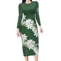 Ia Orana Tahiti Tiare Long Sleeve Bodycon Dress Sage Green Lei - Polynesian Pride