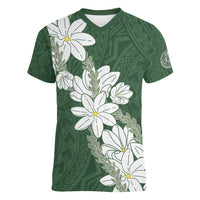 Ia Orana Tahiti Tiare Women V-Neck T-Shirt Sage Green Lei - Polynesian Pride