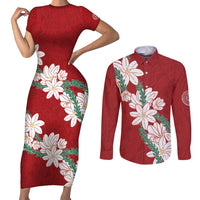 Ia Orana Tahiti Tiare Couples Matching Short Sleeve Bodycon Dress and Long Sleeve Button Shirt Crimson Lei LT7 Red - Polynesian Pride