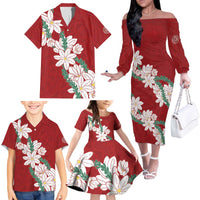 Ia Orana Tahiti Tiare Family Matching Off The Shoulder Long Sleeve Dress and Hawaiian Shirt Crimson Lei - Polynesian Pride