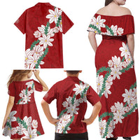 Ia Orana Tahiti Tiare Family Matching Off Shoulder Maxi Dress and Hawaiian Shirt Crimson Lei - Polynesian Pride