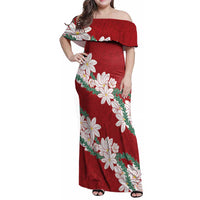 Ia Orana Tahiti Tiare Family Matching Off Shoulder Maxi Dress and Hawaiian Shirt Crimson Lei - Polynesian Pride
