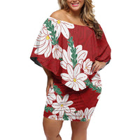 Ia Orana Tahiti Tiare Off Shoulder Short Dress Crimson Lei - Polynesian Pride