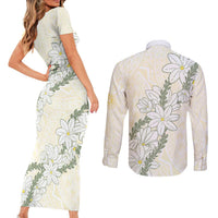 Ia Orana Tahiti Tiare Couples Matching Short Sleeve Bodycon Dress and Long Sleeve Button Shirt Lemon Yellow Lei LT7 - Polynesian Pride