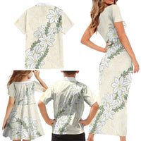 Ia Orana Tahiti Tiare Family Matching Short Sleeve Bodycon Dress and Hawaiian Shirt Lemon Yellow Lei - Polynesian Pride