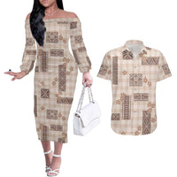 Hawaiian Quilt Tapa On Beige Palaka Motifs Couples Matching Off The Shoulder Long Sleeve Dress and Hawaiian Shirt LT7 Beige - Polynesian Pride