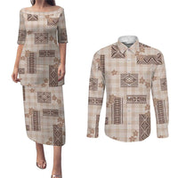 Hawaiian Quilt Tapa On Beige Palaka Motifs Couples Matching Puletasi and Long Sleeve Button Shirt