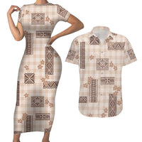 Hawaiian Quilt Tapa On Beige Palaka Motifs Couples Matching Short Sleeve Bodycon Dress and Hawaiian Shirt LT7 Beige - Polynesian Pride