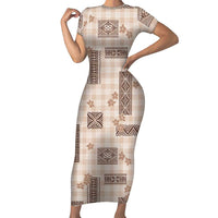 Hawaiian Quilt Tapa On Beige Palaka Motifs Family Matching Short Sleeve Bodycon Dress and Hawaiian Shirt LT7 Mom's Dress Beige - Polynesian Pride