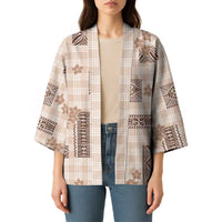 Hawaiian Quilt Tapa On Beige Palaka Motifs Kimono