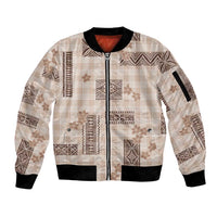 Hawaiian Quilt Tapa On Beige Palaka Motifs Sleeve Zip Bomber Jacket