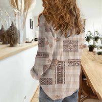 Hawaiian Quilt Tapa On Beige Palaka Motifs Women Casual Shirt