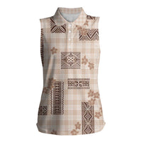 Hawaiian Quilt Tapa On Beige Palaka Motifs Women Sleeveless Polo Shirt