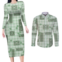 Hawaiian Quilt Tapa On Pastel Mint Palaka Motifs Couples Matching Long Sleeve Bodycon Dress and Long Sleeve Button Shirt LT7 Mint - Polynesian Pride