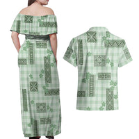 Hawaiian Quilt Tapa On Pastel Mint Palaka Motifs Couples Matching Off Shoulder Maxi Dress and Hawaiian Shirt