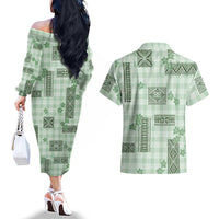 Hawaiian Quilt Tapa On Pastel Mint Palaka Motifs Couples Matching Off The Shoulder Long Sleeve Dress and Hawaiian Shirt LT7 - Polynesian Pride