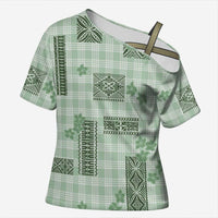Hawaiian Quilt Tapa On Pastel Mint Palaka Motifs Cross Shoulder Shirt