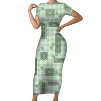 Hawaiian Quilt Tapa On Pastel Mint Palaka Motifs Short Sleeve Bodycon Dress