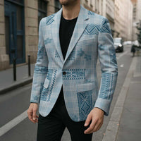 Hawaiian Quilt Tapa On Cold Blue Palaka Motifs Blazer