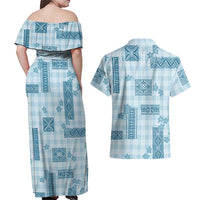Hawaiian Quilt Tapa On Cold Blue Palaka Motifs Couples Matching Off Shoulder Maxi Dress and Hawaiian Shirt
