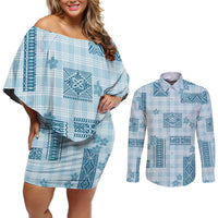 Hawaiian Quilt Tapa On Cold Blue Palaka Motifs Couples Matching Off Shoulder Short Dress and Long Sleeve Button Shirt