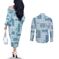 Hawaiian Quilt Tapa On Cold Blue Palaka Motifs Couples Matching Off The Shoulder Long Sleeve Dress and Long Sleeve Button Shirt